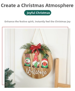 Detail of wooden Christmas welcome sign featuring cute gnomes, buffalo plaid bow and pine needles