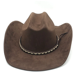 Detail of western cowboy hat with braided leather band and cross stitching on suede
