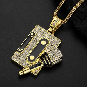 Hip Hop Cassette Microphone Pendant Necklace Shiny Alloy Rhinestone Streetwear Music Party Retro Jewelry Men Women