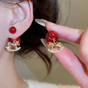 Rocking Horse Pendant Earrings With 18K Gold Plated Copper And 925 Sterling Silver Earring Post Zircon Red Bead Jewelry