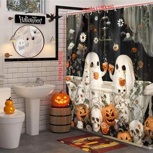 Detail of 180cm Halloween shower curtain with ghosts drinking coffee and pumpkins