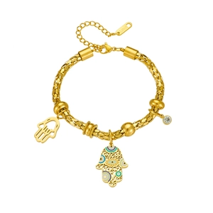 Gold-plated stainless steel Hamsa hand bracelet with colorful enamel and crystal charms