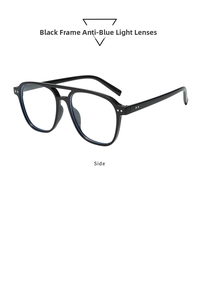 Detailed side view of black pilot glasses frame with anti-blue light lens and metal rivets