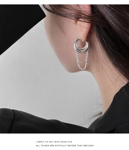 Detail view of silver layered chain tassel earrings on model with metallic luster