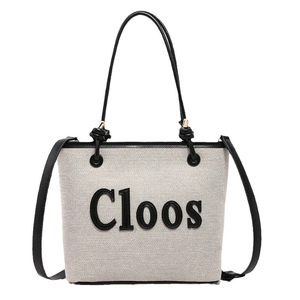 Fashionable large capacity canvas tote bag with black leather trim and Cloos lettering