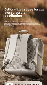 Detail of ergonomic padded shoulder straps with breathable mesh on grey pet carrier