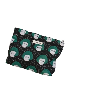 Black canvas cosmetic bag with white polka dots and green hair girl pattern by Simple Wish