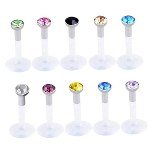 Set of 10 multicolor rhinestone labret studs with clear flexible acrylic shafts