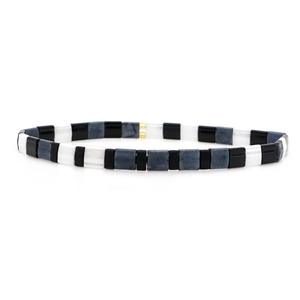 Bracciale elastico stile bohémien con perline Tila nere bianche e blu geometriche