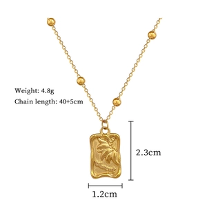 Detail view of gold titanium steel rectangular sunflower pendant with size measurements
