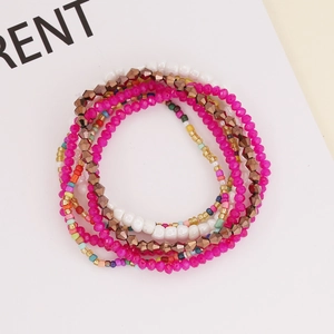 Bohemian multilayer seed bead and crystal tassel bracelet set in vibrant rose and gold