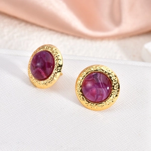 Vintage round 18K gold stainless steel earrings with purple cat-eye turquoise stone inlay