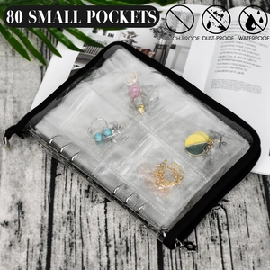 Detail of 80-pocket transparent jewelry organizer with black zipper and glitter finish