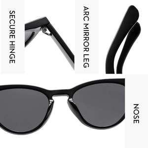 Detailed close-up of secure hinges and nose pads on black cat-eye sunglasses