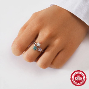 S925 sterling silver open ring featuring pastel blue, pink, and white zircon flowers