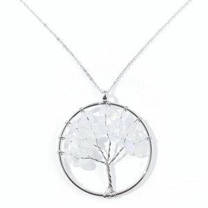 Detailed view of handmade tree of life pendant with silver wire and natural white crystals