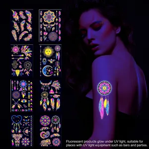 Fluorescent Temporary Tattoo Stickers UV Glow Waterproof Gold Stamping Bohemian Style Body Art For Music Festival Party