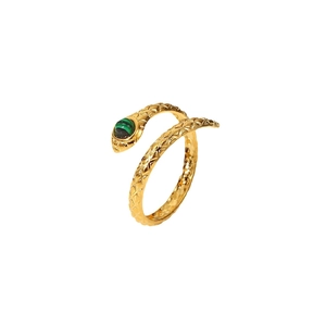 18K gold plated stainless steel snake ring with green malachite eye in wrap design