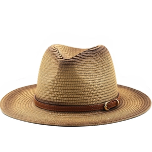 Fedora Straw Hat Gradient Color Wide Brim Sun Protection Breathable Jazz Cowboy Hat With Leather Band For Men Women