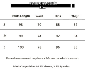 Detailed size chart for flare trousers listing waist, hip, and length measurements