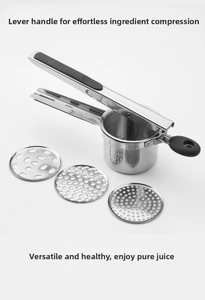 Detailed view of stainless steel potato ricer with three interchangeable filter discs
