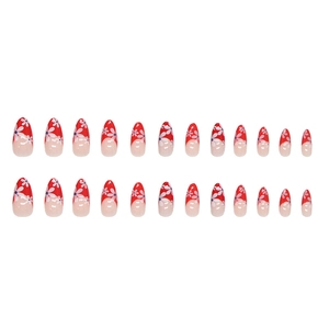 Faux ongles amande rouge français avec motifs floraux mignons pour un style de fille