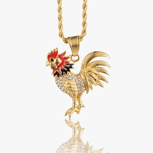 Hip Hop Stainless Steel Rooster Pendant Necklace With Rhinestone Enamel Twisted Rope Chain Animal Jewelry For Unisex