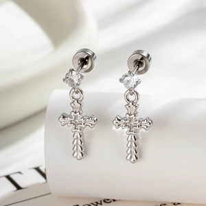 Cross Pendant Ear Cartilage Stud Titanium Steel Copper Zircon Piercing Jewelry Vintage Gothic Style For Women Men