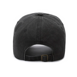 Rear view of vintage washed charcoal cotton baseball cap with adjustable metal buckle strap