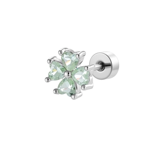 Minimalist silver clover stud earring with four mint green heart-shaped zircons
