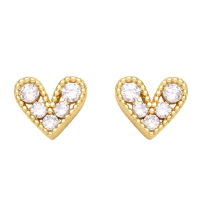 Mini gold heart stud earrings with cubic zirconia and beaded edge design for women