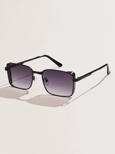 Side view of square black metal sunglasses with purple gradient lenses for a stylish look