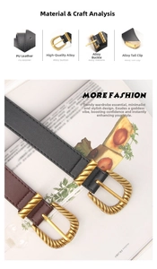 Detail view of thin PU leather belts with alloy pin buckles in black and dark brown