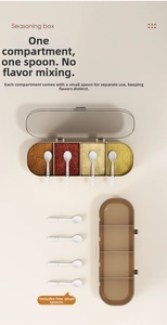Detailed top view of a four-compartment seasoning box with small white spoons and lids