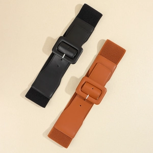 Elastic wide belt with PU leather square buckle in black and brown finishes