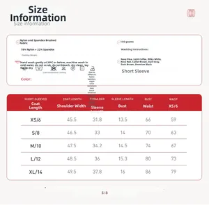 Size chart for V-neck breathable yoga t-shirt showing detailed measurements and material info