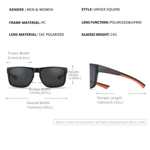 Detailed size chart for unisex square polarized sports sunglasses with frame dimensions