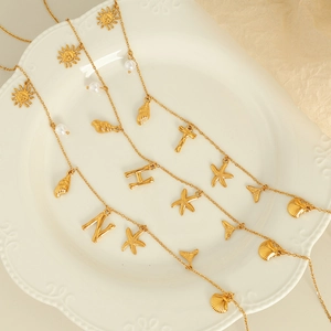 18K Gold Plated Stainless Steel Initial Necklace With Sea Shell Starfish Imitation Artificial Pearl Multiple Charms For Women