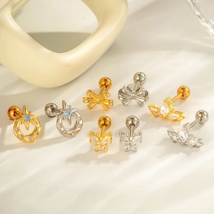 French vintage zircon butterfly geometric stainless steel ear studs set in gold and silver