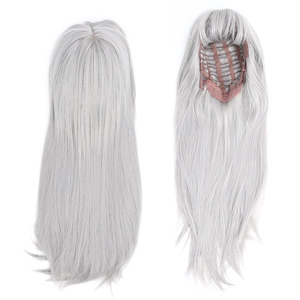 Detail view of silver grey long wig showing the internal mesh cap and clips structure