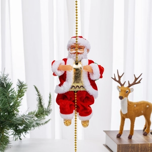 Electric climbing Santa Claus with gold bead chain on festive Christmas pine background