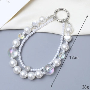 Silver double chain beaded charm with pearls and silver heart pendants for bags and phones