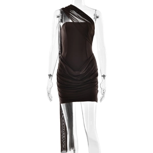 Detail of dark brown bodycon dress featuring elegant shoulder sash and ruched fabric texture