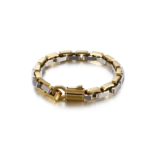 Punk style two-tone stainless steel chain bracelet with gold and silver rectangular links