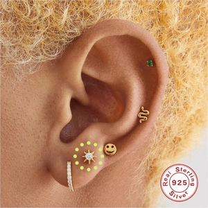 S925 sterling silver ear stud set including star, snake, and smiley face earrings