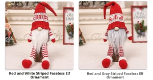 Detail of Christmas gnomes with knitted hats and reindeer patterns on wooden bases