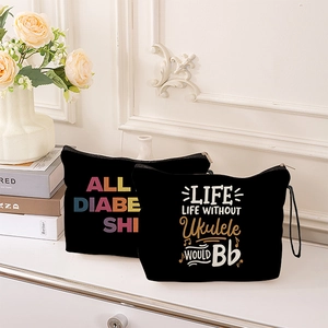 Linen makeup bags with nurse and ukulele prints, featuring zipper closure and hand strap