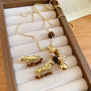Collier Étoile Et Boucles D'oreilles Maillard Rétro Avec Œil De Tigre Künstliche Perle Alliage Tige En Argent Bijoux Pour Femmes