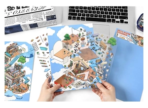 Detailed 2.5D miniature cafe stickers featuring isometric furniture and plant elements