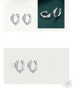 Detail of 925 sterling silver hoop earrings with rectangular zircon and small round diamonds